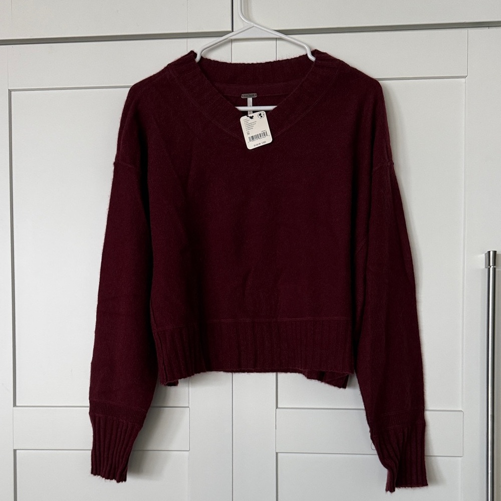 Free People Deep Red V-Neck Sweater